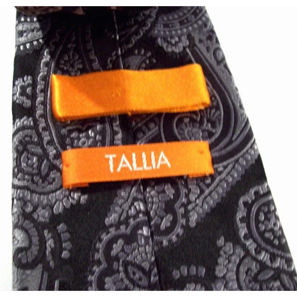 Men's Tallia 100% Silk Neck‎ Tie, Black Gray Paisley